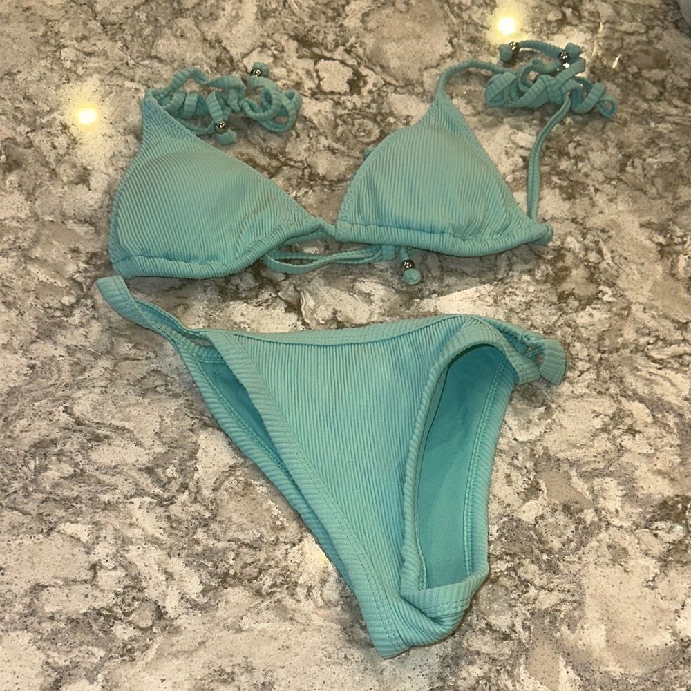 ๐ White FoxโBoutique Ribbed Bikini Set โ Light Blue, Size XS